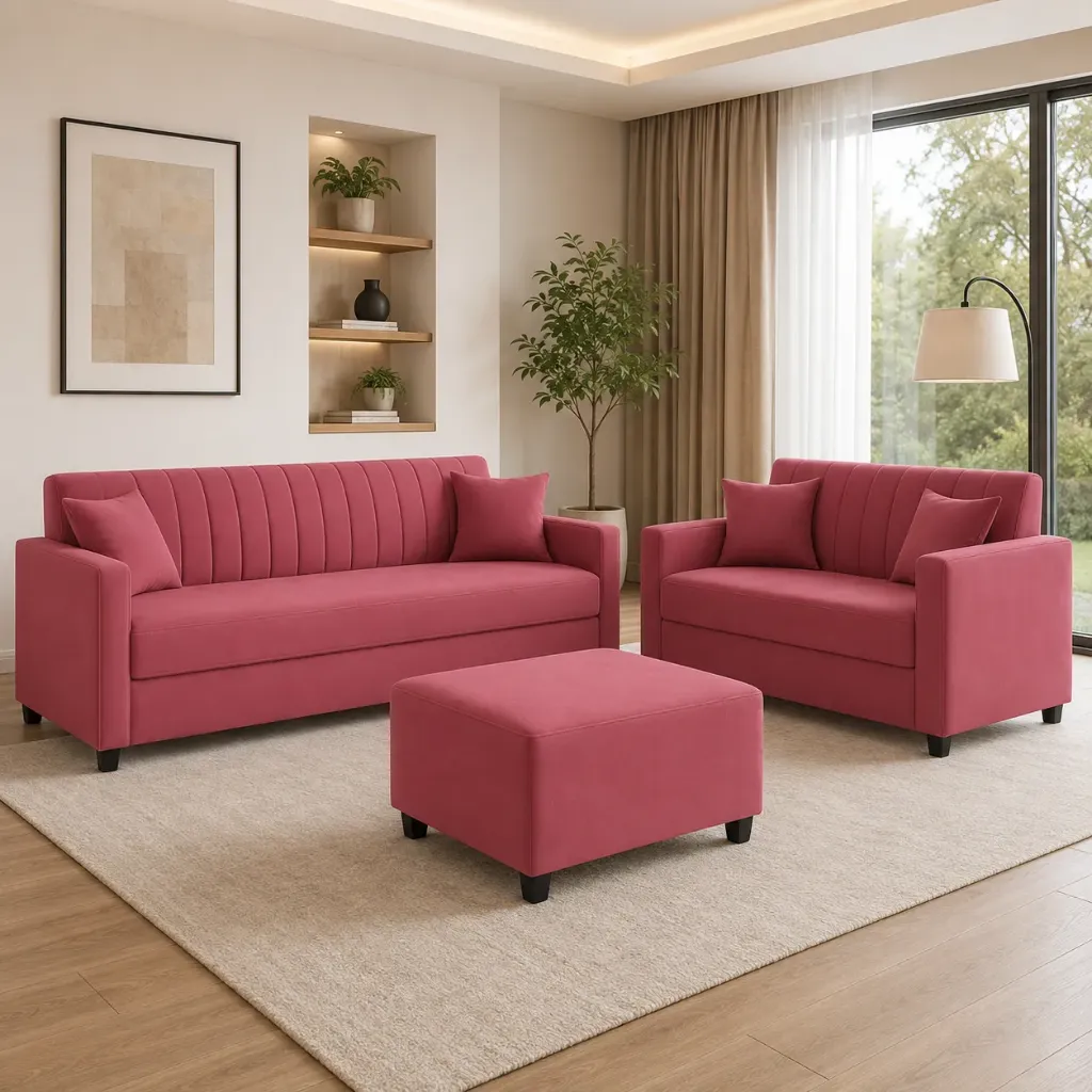 Rivon Seating Blush Harmony 3+2 Fabric Sofa Set with Ottoman