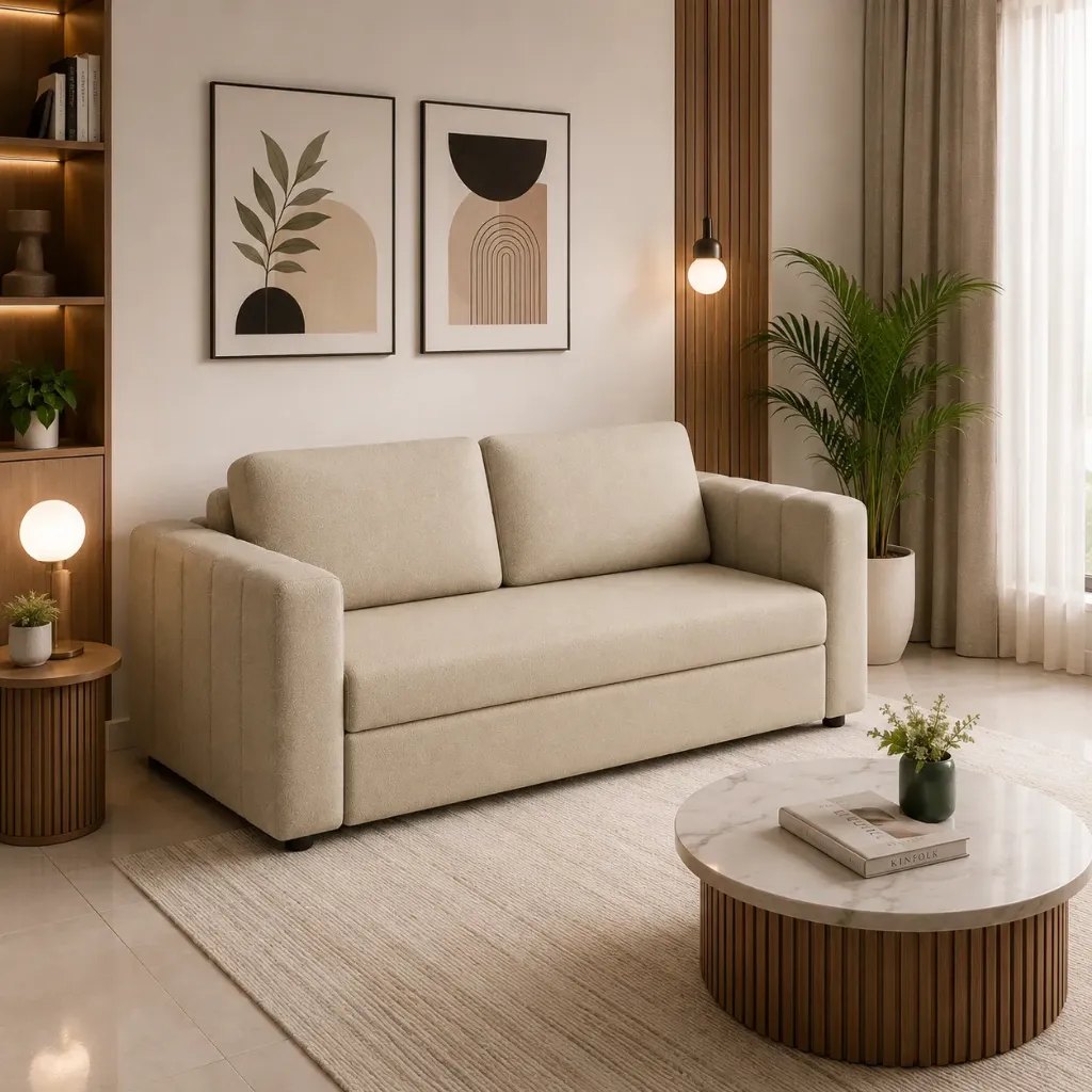 Rivon Seating Aura Premium Fabric Sofa Cum Bed | 3-Seater Convertible Pull-Out Sofa Bed | Cream | Modern Living Room Furniture